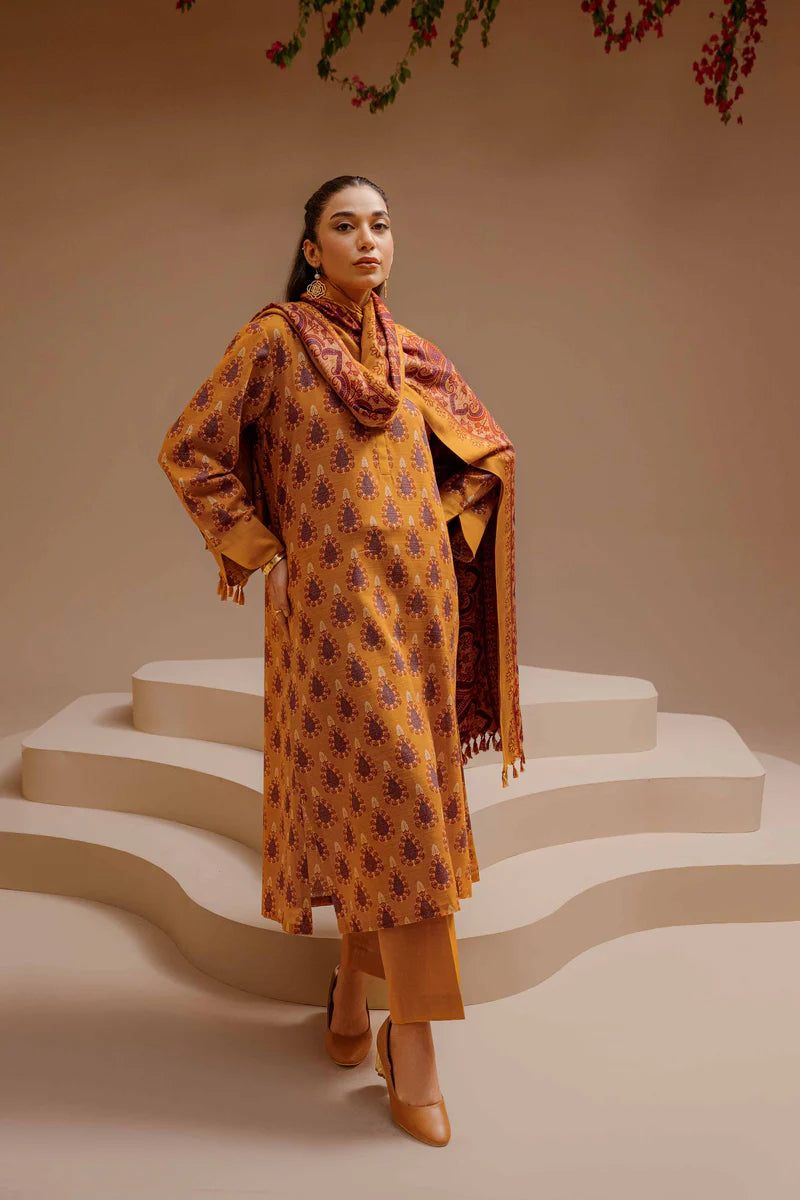 Nishat Linen – Yellow Khaddar Printed 3-Piece Stitched Suit