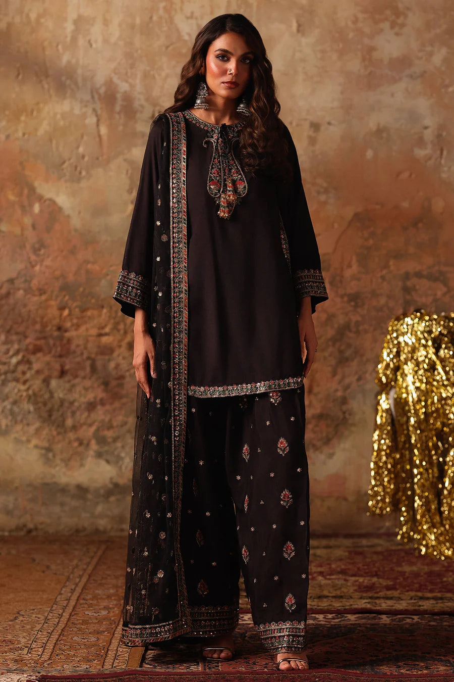 Raw Silk Stitched 3-Piece Farshi Set (CMA-5-065) – Black