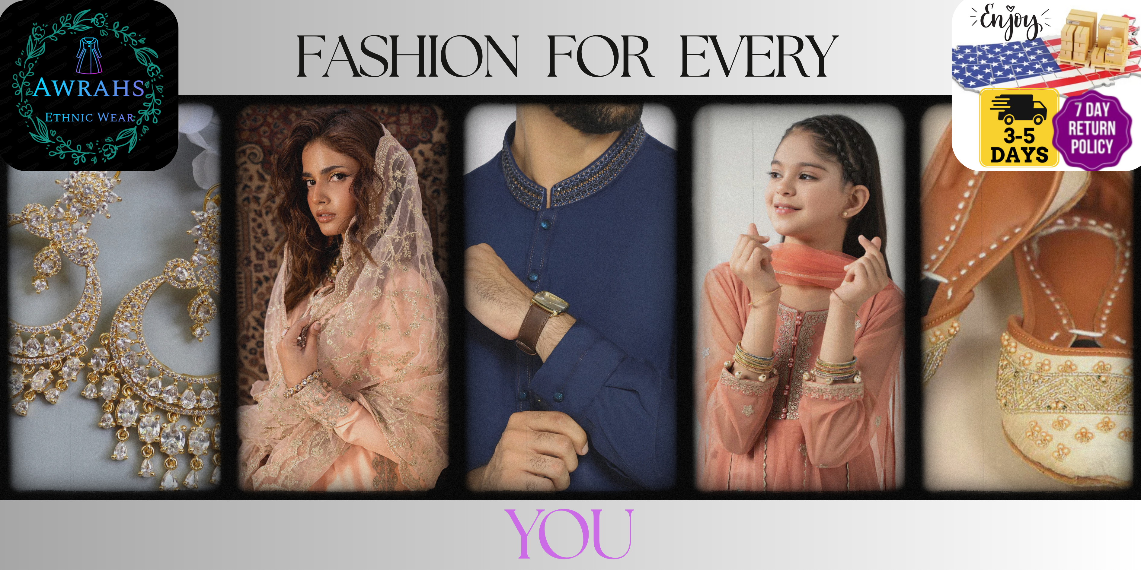 Promotional banner for fashion brand 'Awrahs' with images of people wearing traditional attire and jewelry.