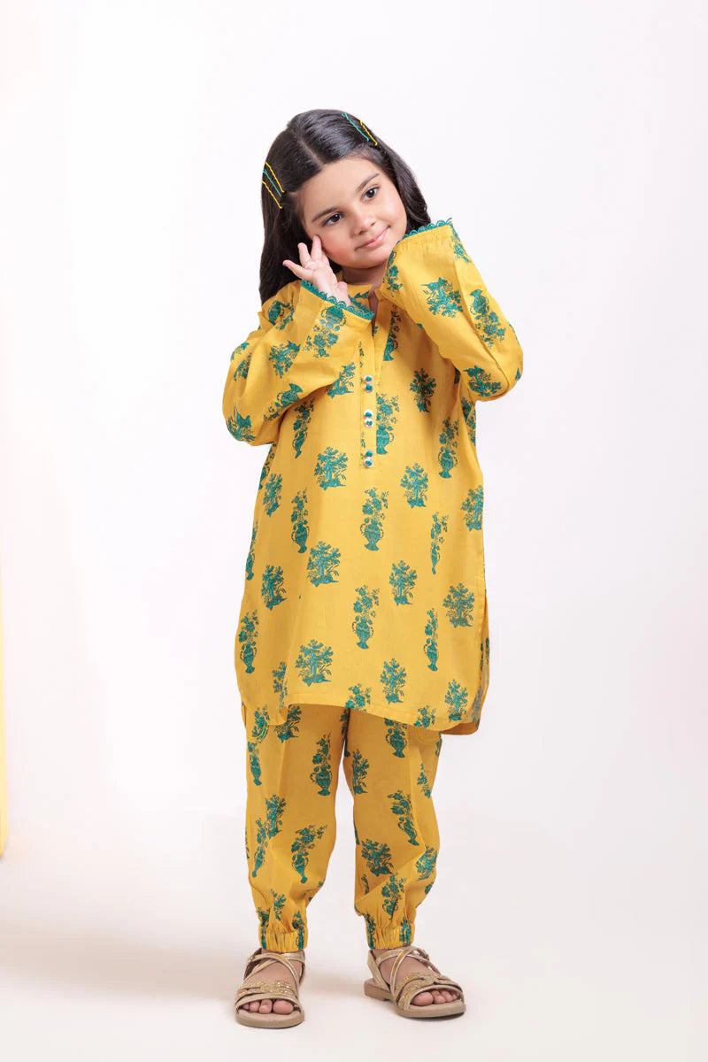 Yellow Cambric 2-Piece Kids Suit – Printed