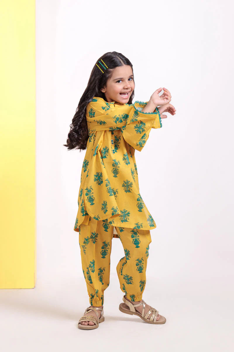 Yellow Cambric 2-Piece Kids Suit – Printed