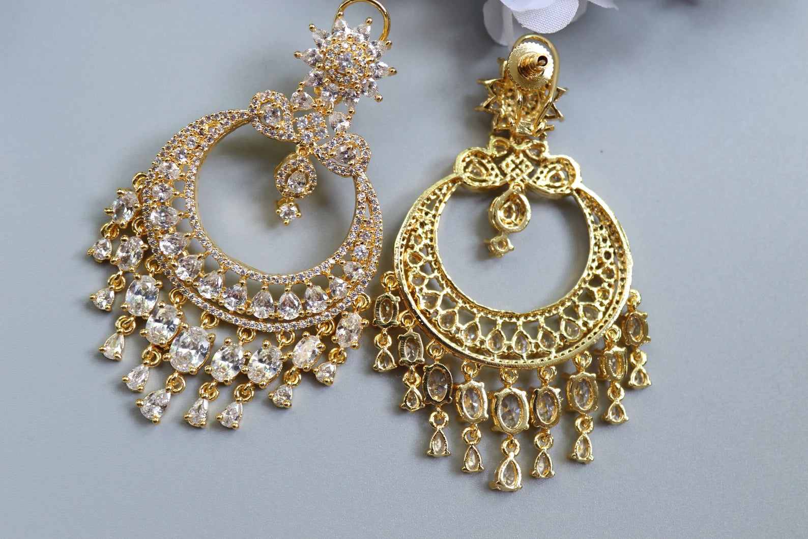 Gold CZ Chandelier Chaandbali Earrings – Statement Wedding Jewelry