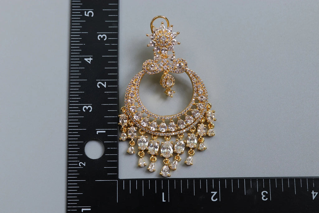 Gold CZ Chandelier Chaandbali Earrings – Statement Wedding Jewelry