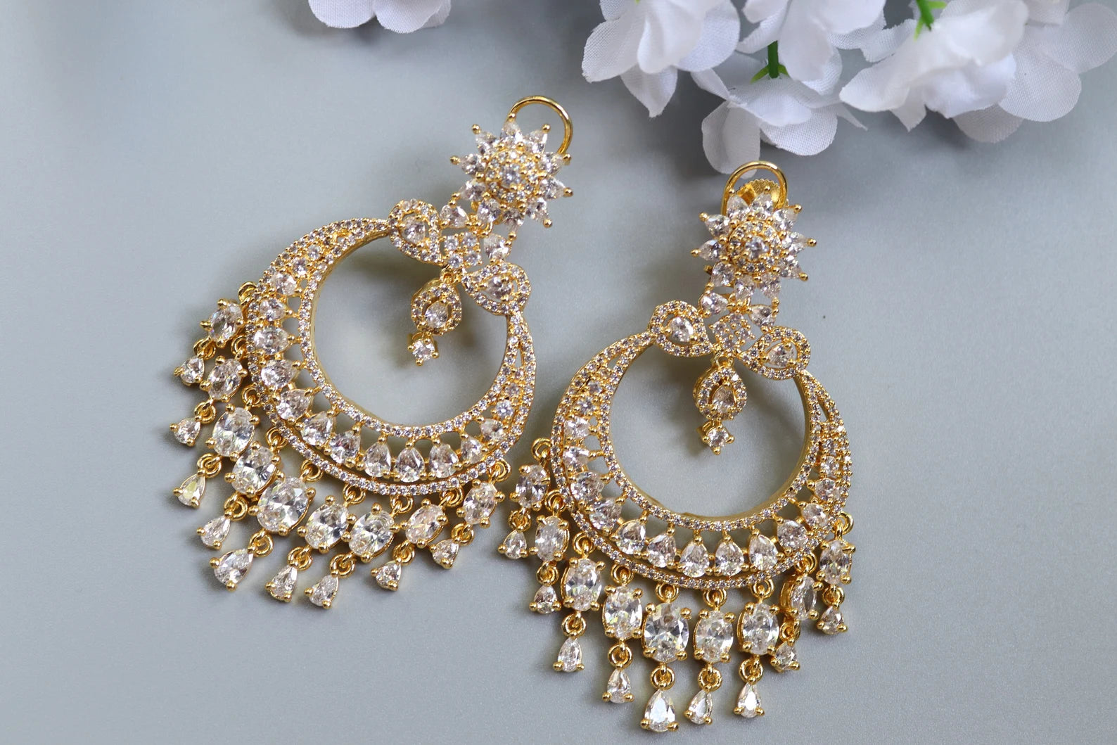 Gold CZ Chandelier Chaandbali Earrings – Statement Wedding Jewelry
