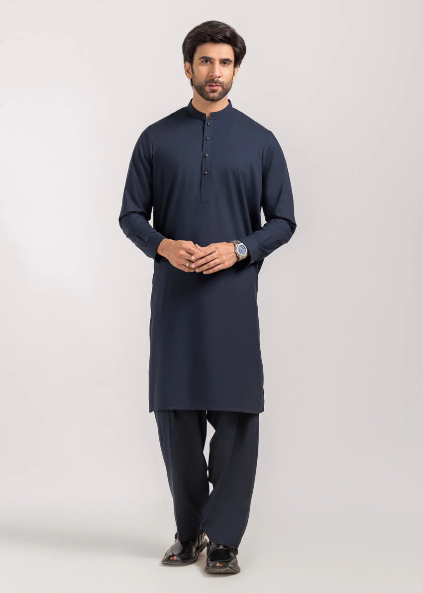 Navy Blue-Blended-Kurta Shalwar