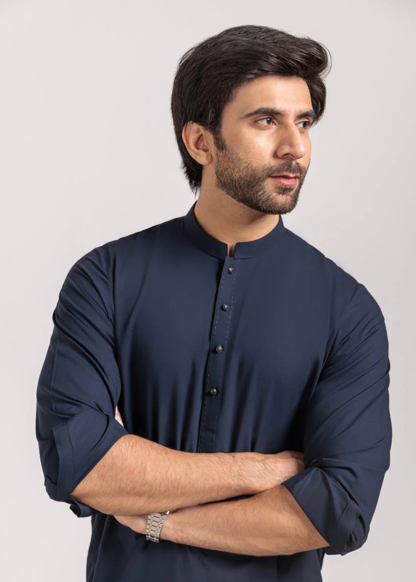Navy Blue-Blended-Kurta Shalwar