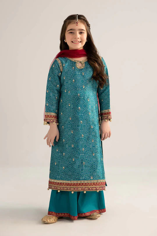 Maria B Kids MKS-EF25-33 3-Piece Raw Silk Suit — Teal