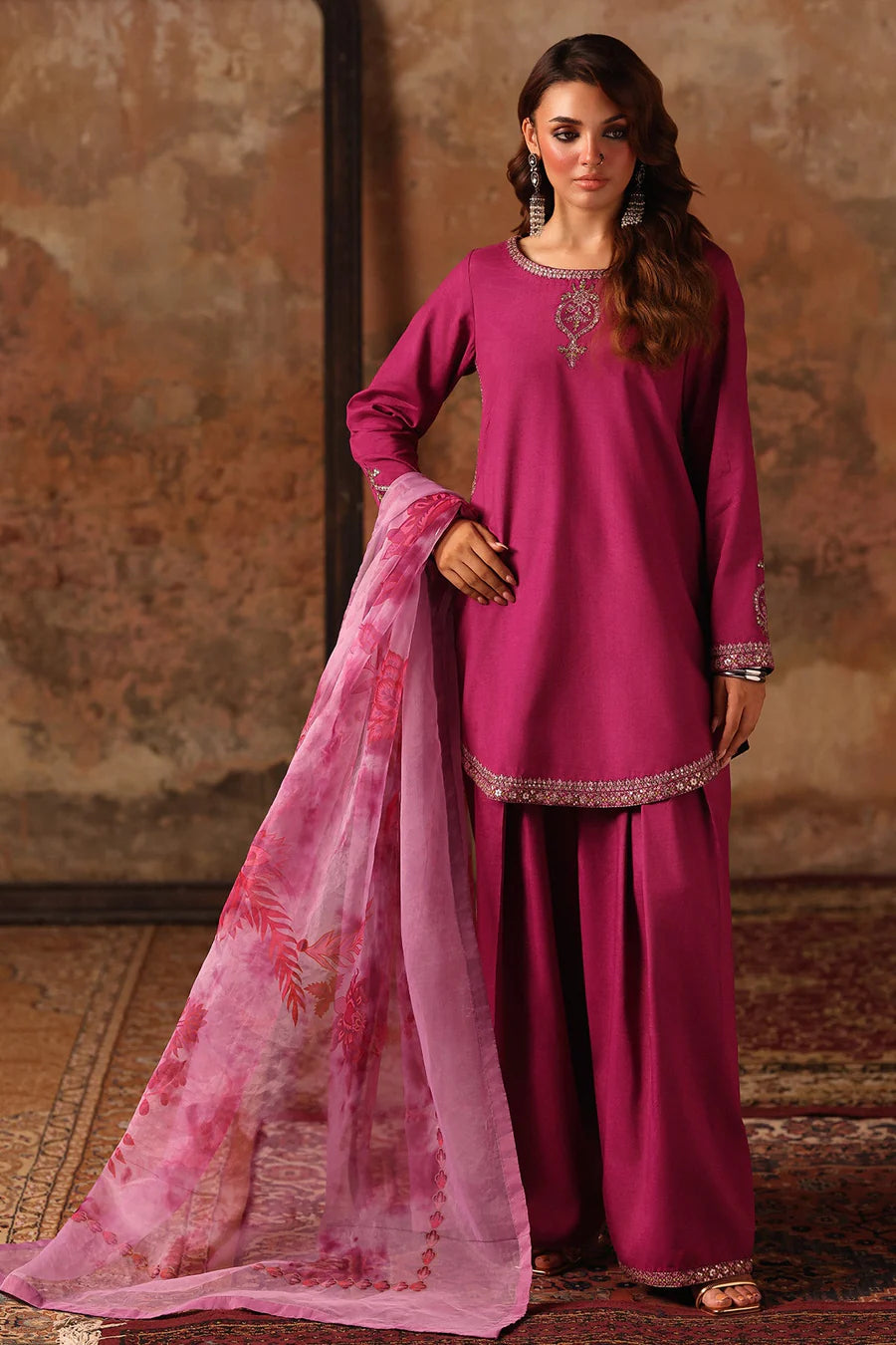 Raw Silk Stitched 3-Piece Farshi Set (CMA-5-083) – Magenta