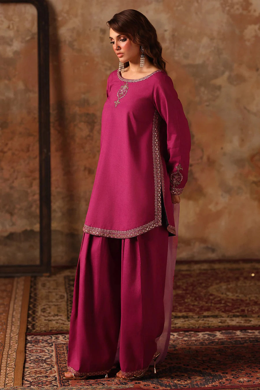 Raw Silk Stitched 3-Piece Farshi Set (CMA-5-083) – Magenta