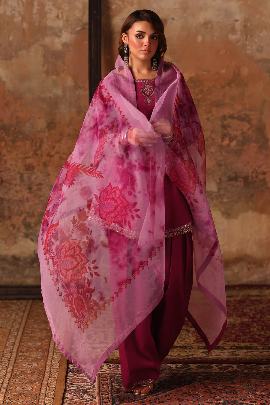Raw Silk Stitched 3-Piece Farshi Set (CMA-5-083) – Magenta