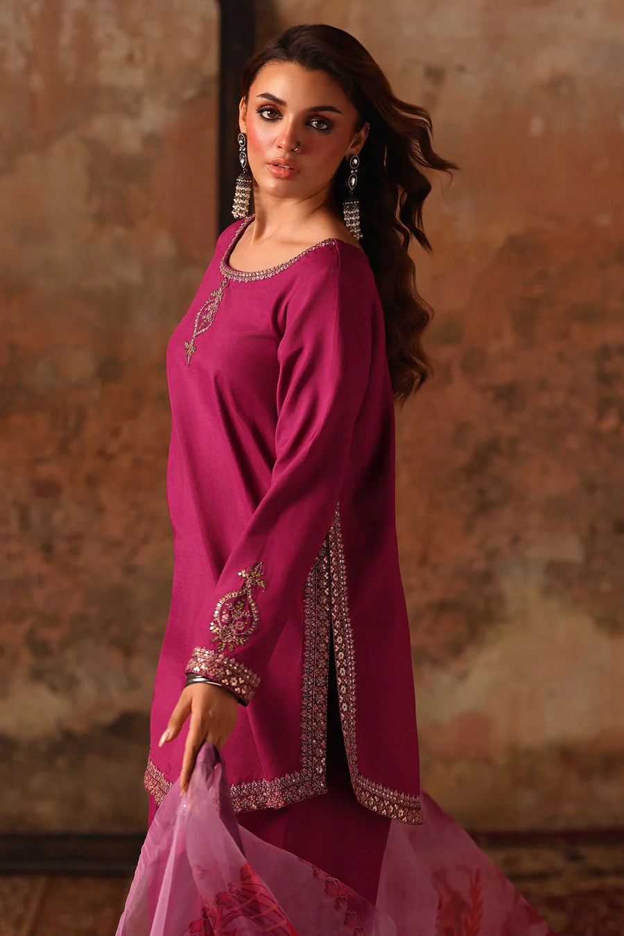 Raw Silk Stitched 3-Piece Farshi Set (CMA-5-083) – Magenta