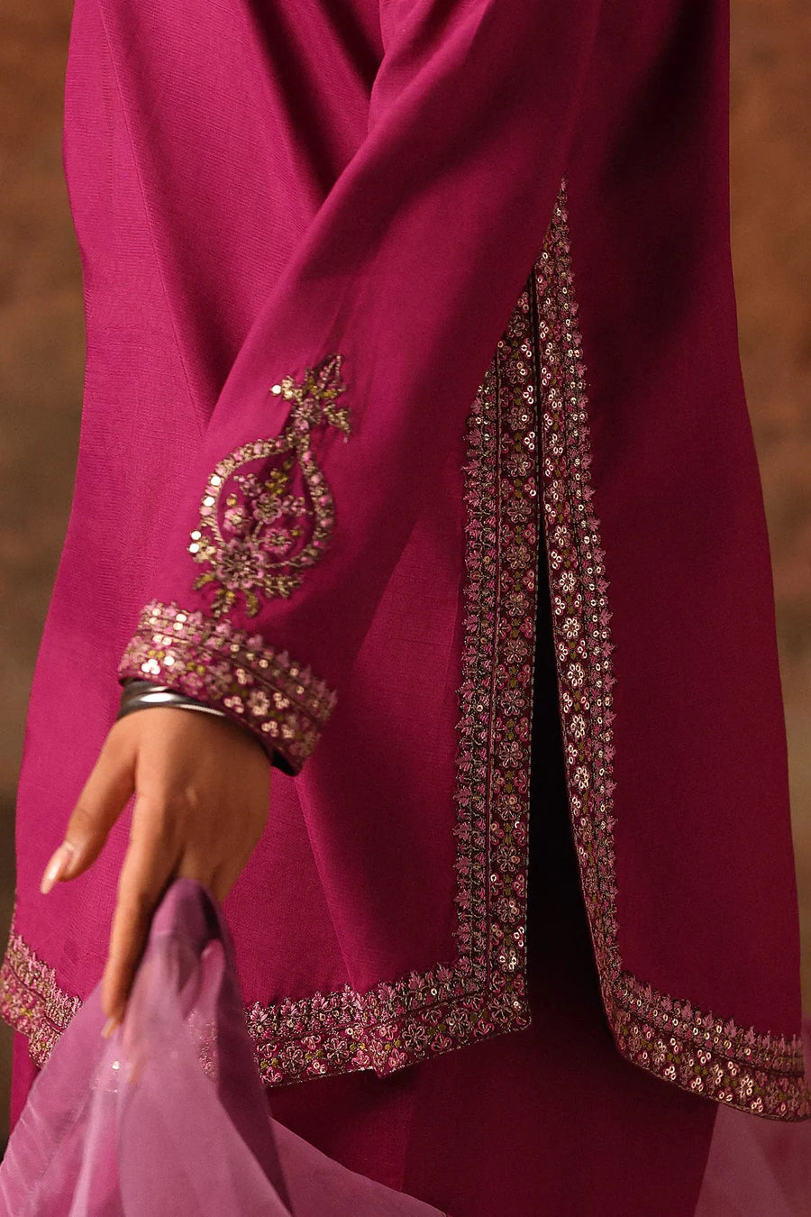 Raw Silk Stitched 3-Piece Farshi Set (CMA-5-083) – Magenta