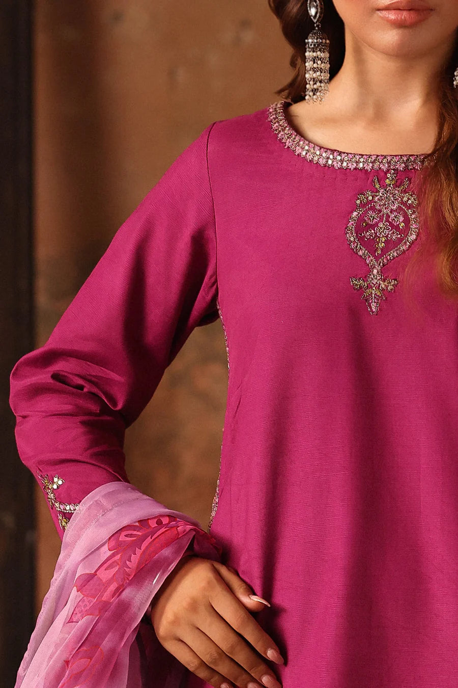 Raw Silk Stitched 3-Piece Farshi Set (CMA-5-083) – Magenta