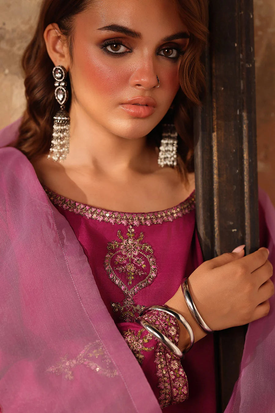 Raw Silk Stitched 3-Piece Farshi Set (CMA-5-083) – Magenta