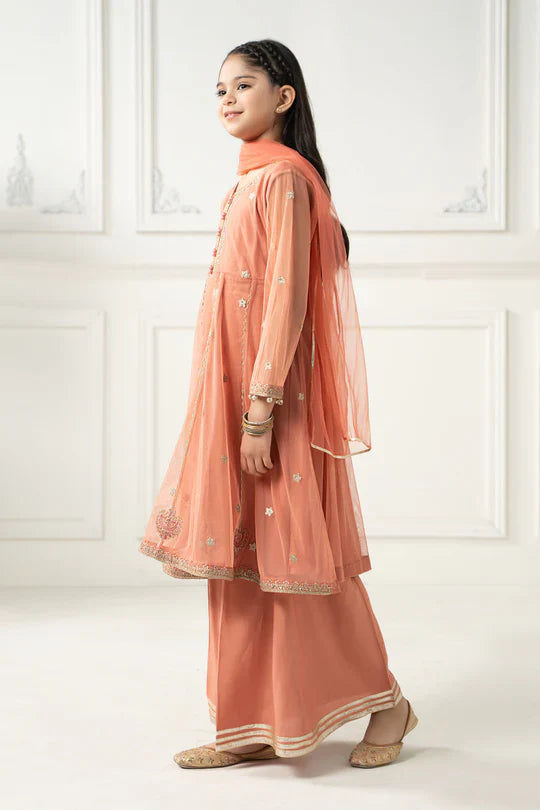 Maria B Kids MKS-EF25-02 3-Piece Polyester Net Suit (Polyester Net Shirt, Polyester Net Dupatta, Raw Silk Pants)