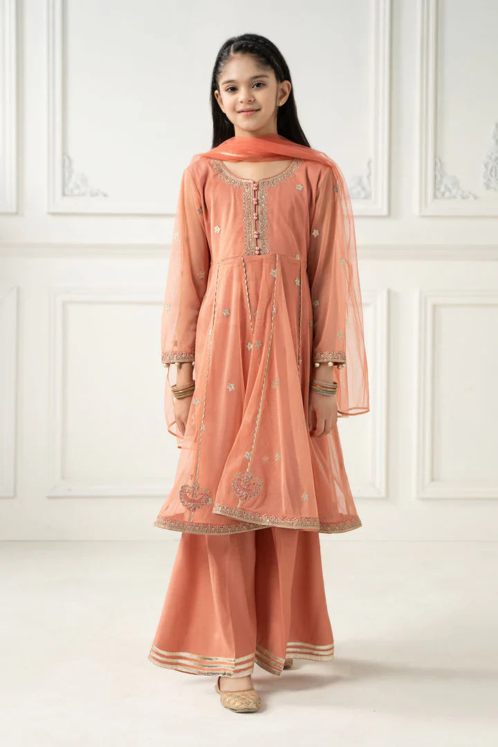 Maria B Kids MKS-EF25-02 3-Piece Polyester Net Suit (Polyester Net Shirt, Polyester Net Dupatta, Raw Silk Pants)
