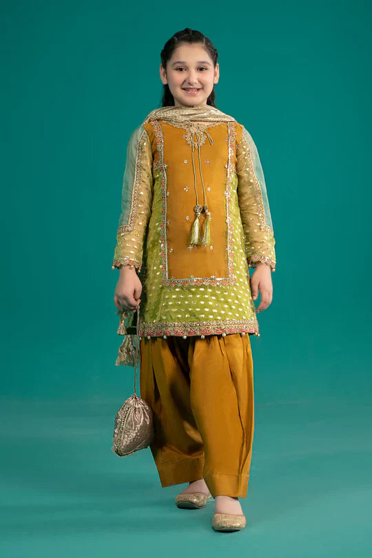 Maria B Kids MKS-EF25-02 3-Piece Organza Lurex Suit (Organza Shirt, Tissue Dupatta, Raw Silk Pants)