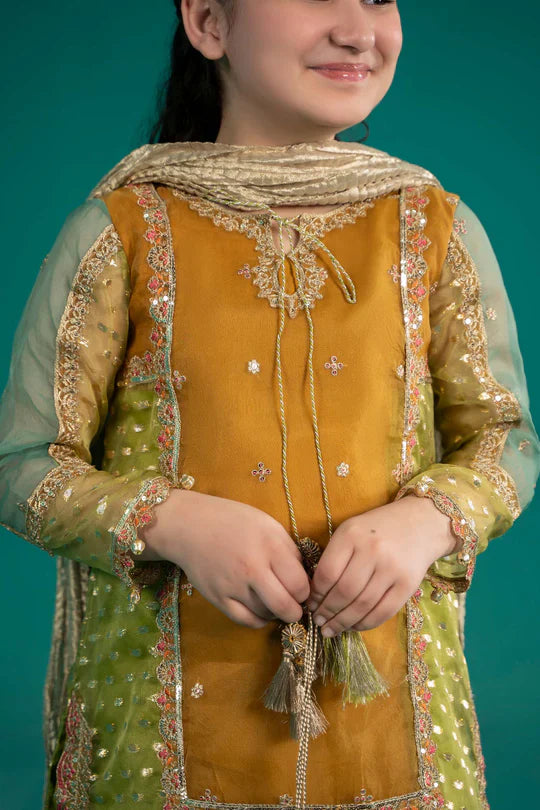 Maria B Kids MKS-EF25-02 3-Piece Organza Lurex Suit (Organza Shirt, Tissue Dupatta, Raw Silk Pants)