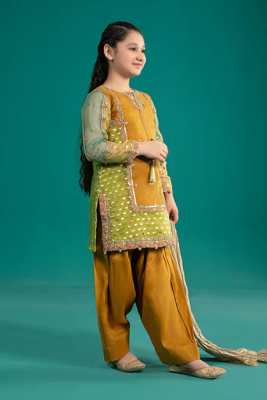 Maria B Kids MKS-EF25-02 3-Piece Organza Lurex Suit (Organza Shirt, Tissue Dupatta, Raw Silk Pants)