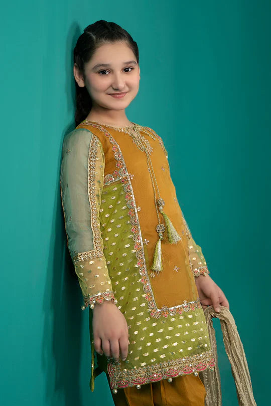 Maria B Kids MKS-EF25-02 3-Piece Organza Lurex Suit (Organza Shirt, Tissue Dupatta, Raw Silk Pants)