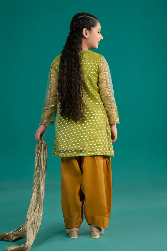 Maria B Kids MKS-EF25-02 3-Piece Organza Lurex Suit (Organza Shirt, Tissue Dupatta, Raw Silk Pants)