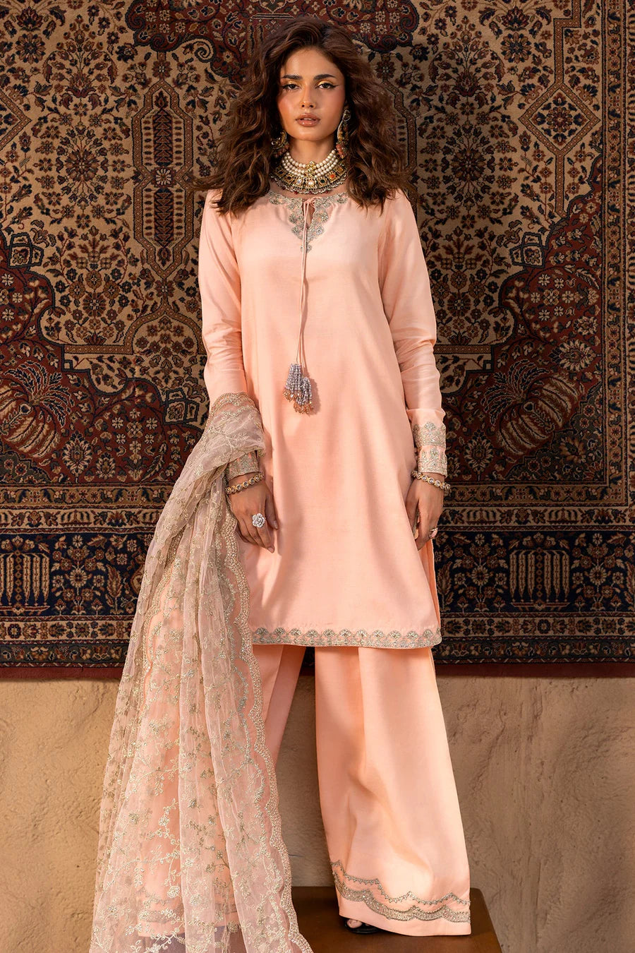 Raw Silk Stitched 3-Piece Farshi Set (CMA-5-042) – Peach