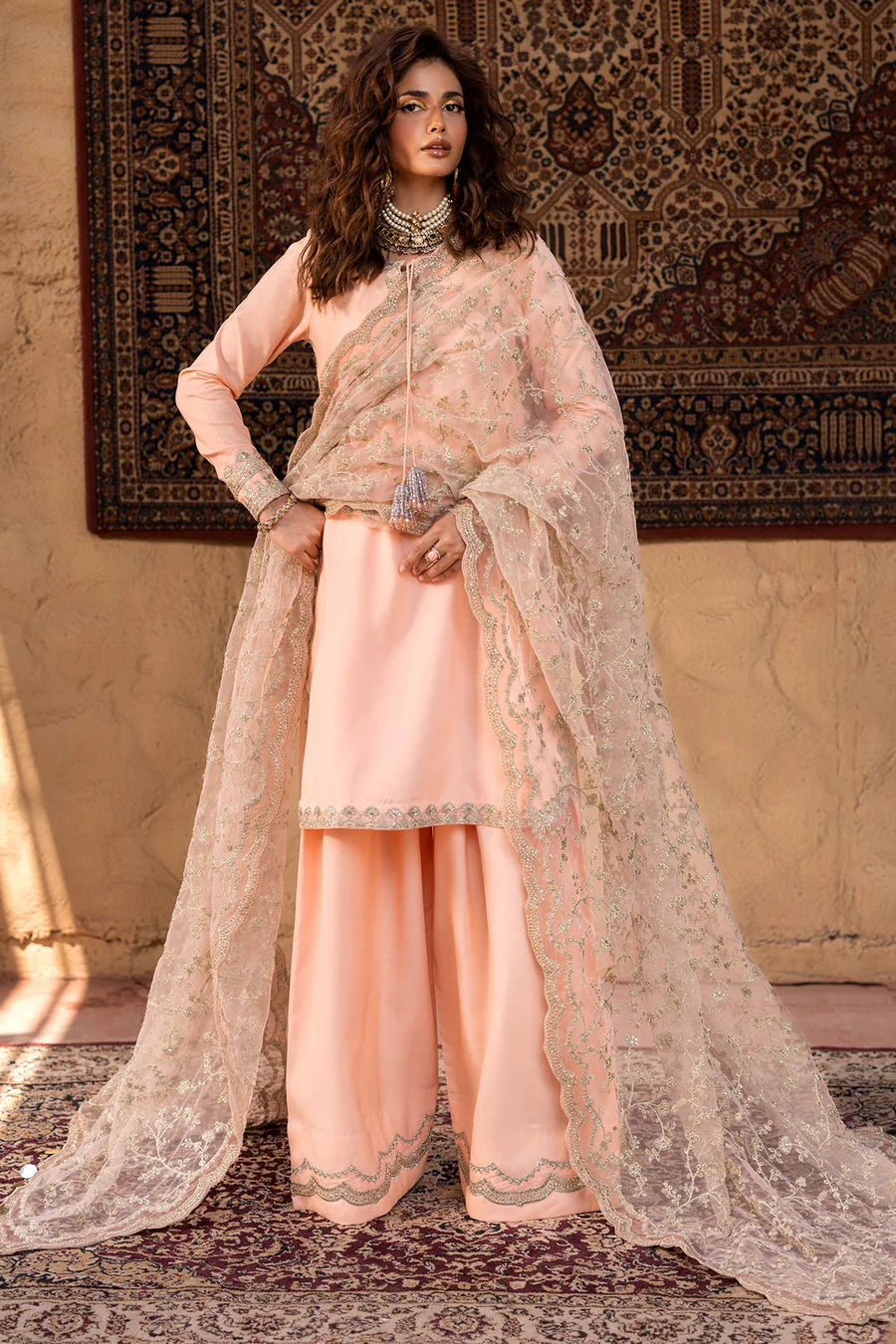 Raw Silk Stitched 3-Piece Farshi Set (CMA-5-042) – Peach