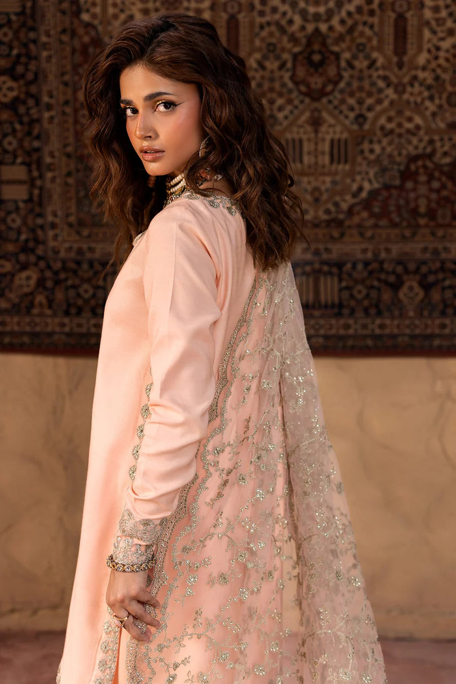 Raw Silk Stitched 3-Piece Farshi Set (CMA-5-042) – Peach