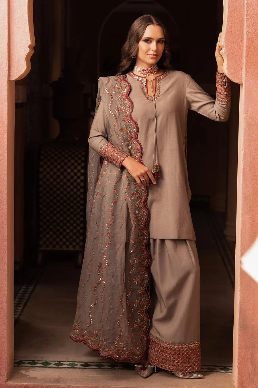Raw Silk Stitched 3-Piece Farshi Set (CMA-5-130) – Grey