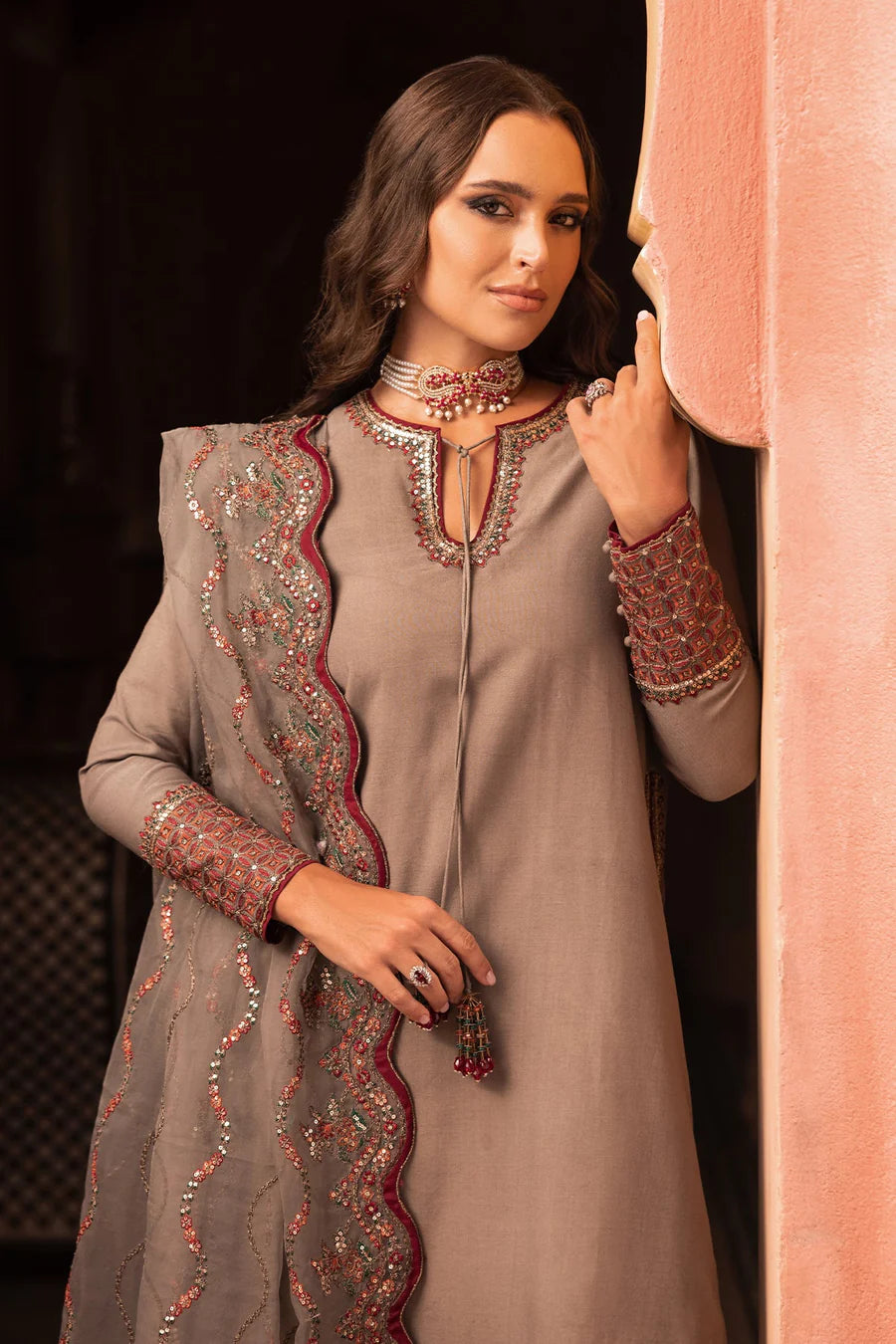 Raw Silk Stitched 3-Piece Farshi Set (CMA-5-130) – Grey
