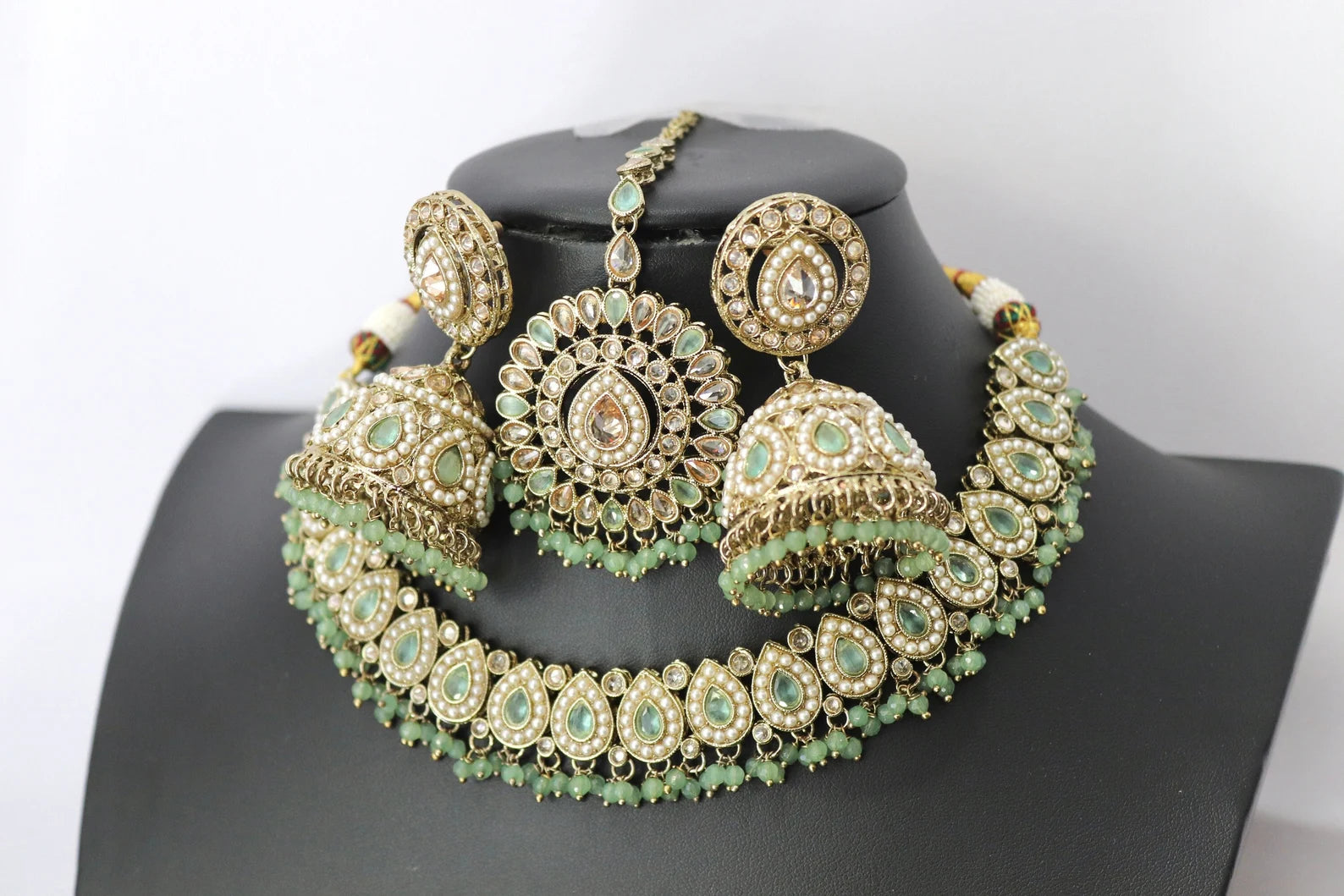 Simi Mint Polki Choker Necklace & Earing – Indian Kundan Statement Jewelry