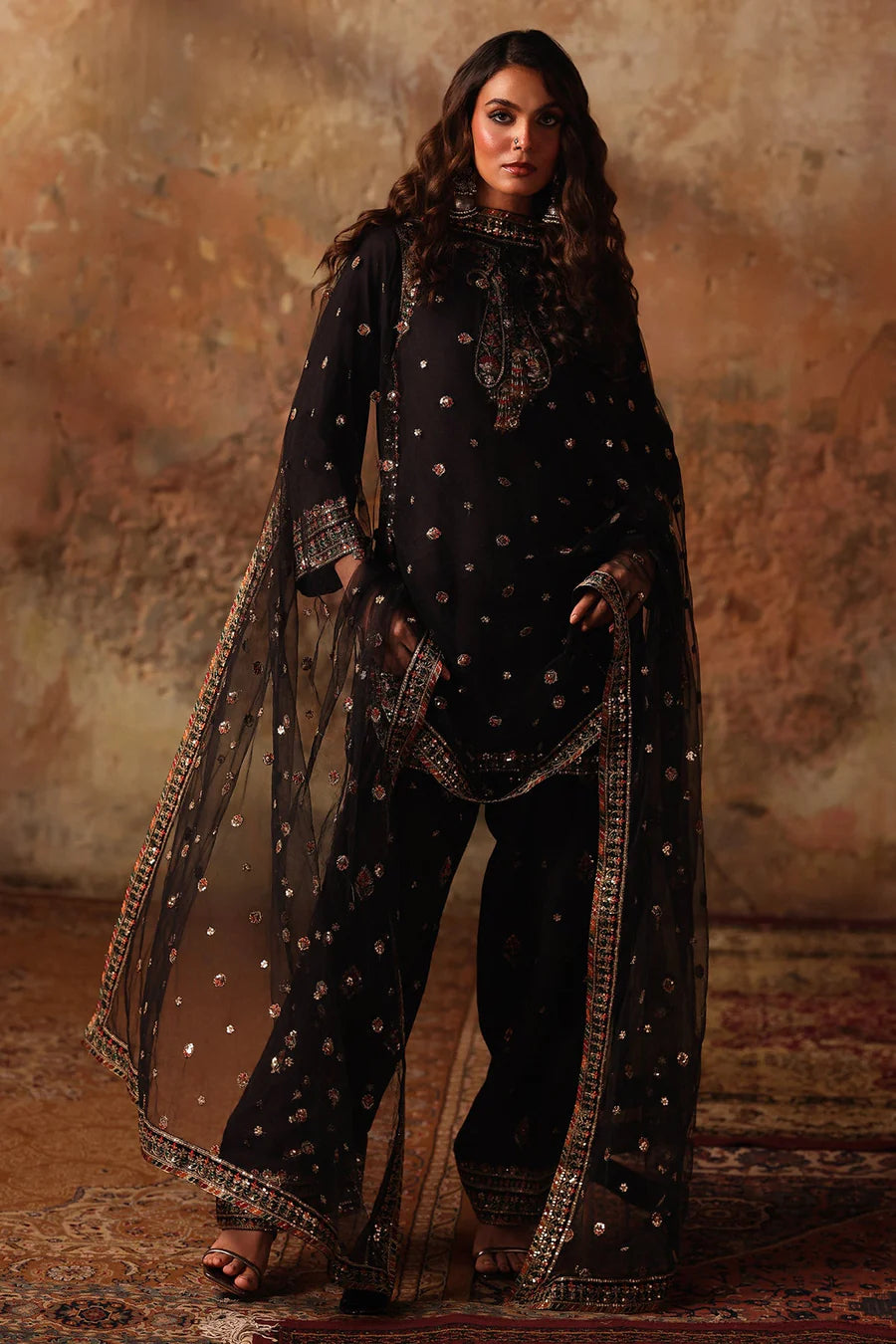 Raw Silk Stitched 3-Piece Farshi Set (CMA-5-065) – Black