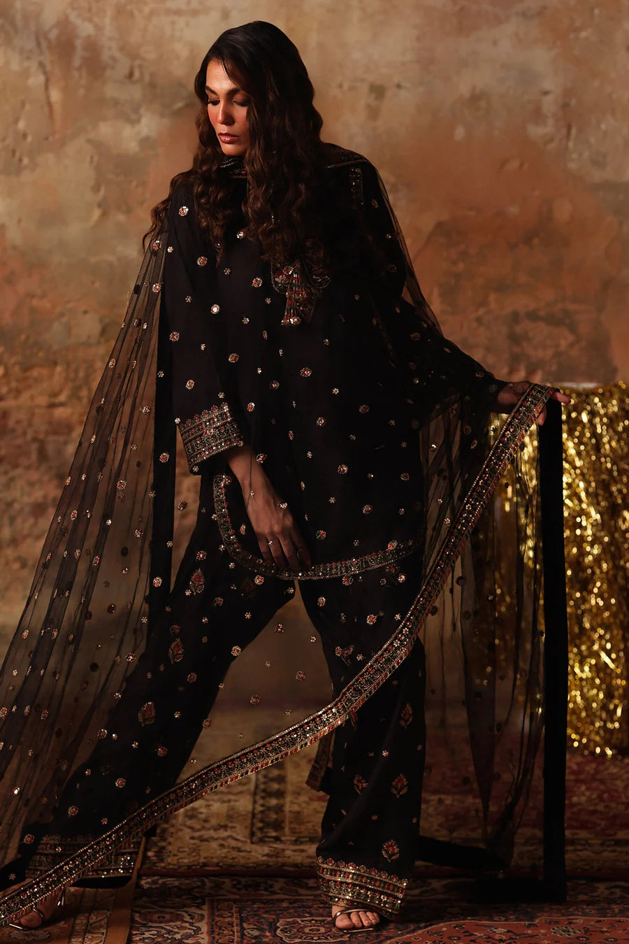 Raw Silk Stitched 3-Piece Farshi Set (CMA-5-065) – Black