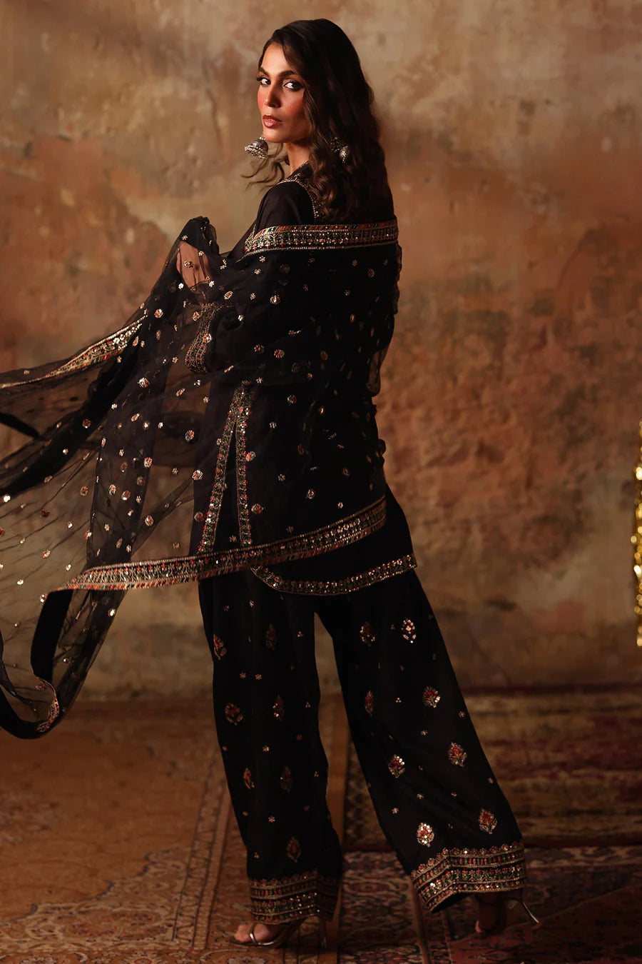 Raw Silk Stitched 3-Piece Farshi Set (CMA-5-065) – Black