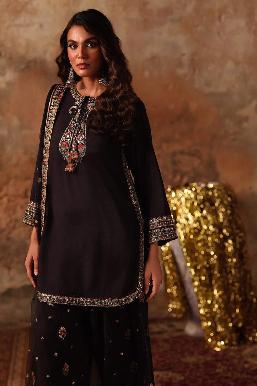 Raw Silk Stitched 3-Piece Farshi Set (CMA-5-065) – Black