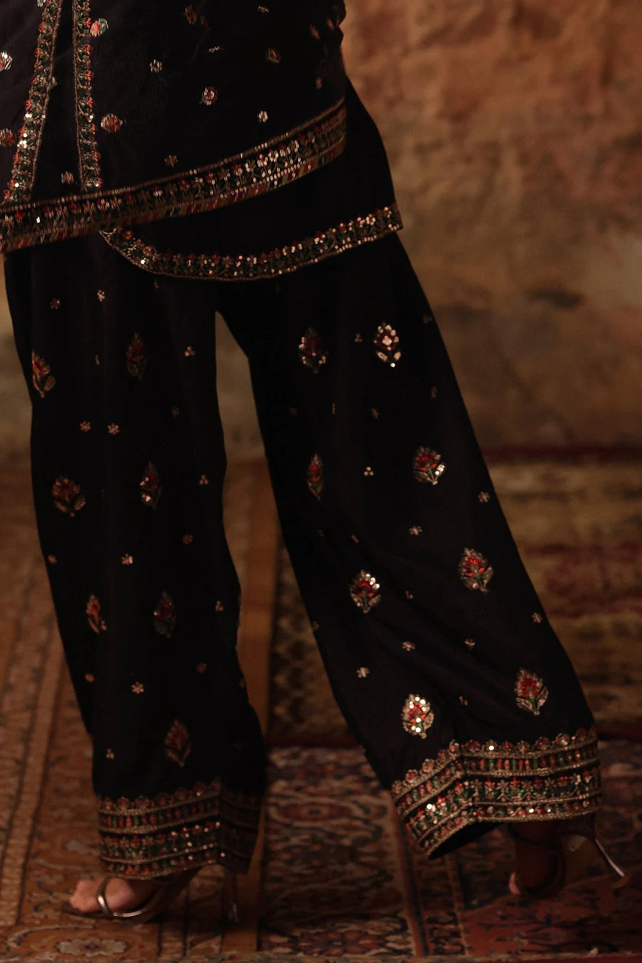 Raw Silk Stitched 3-Piece Farshi Set (CMA-5-065) – Black