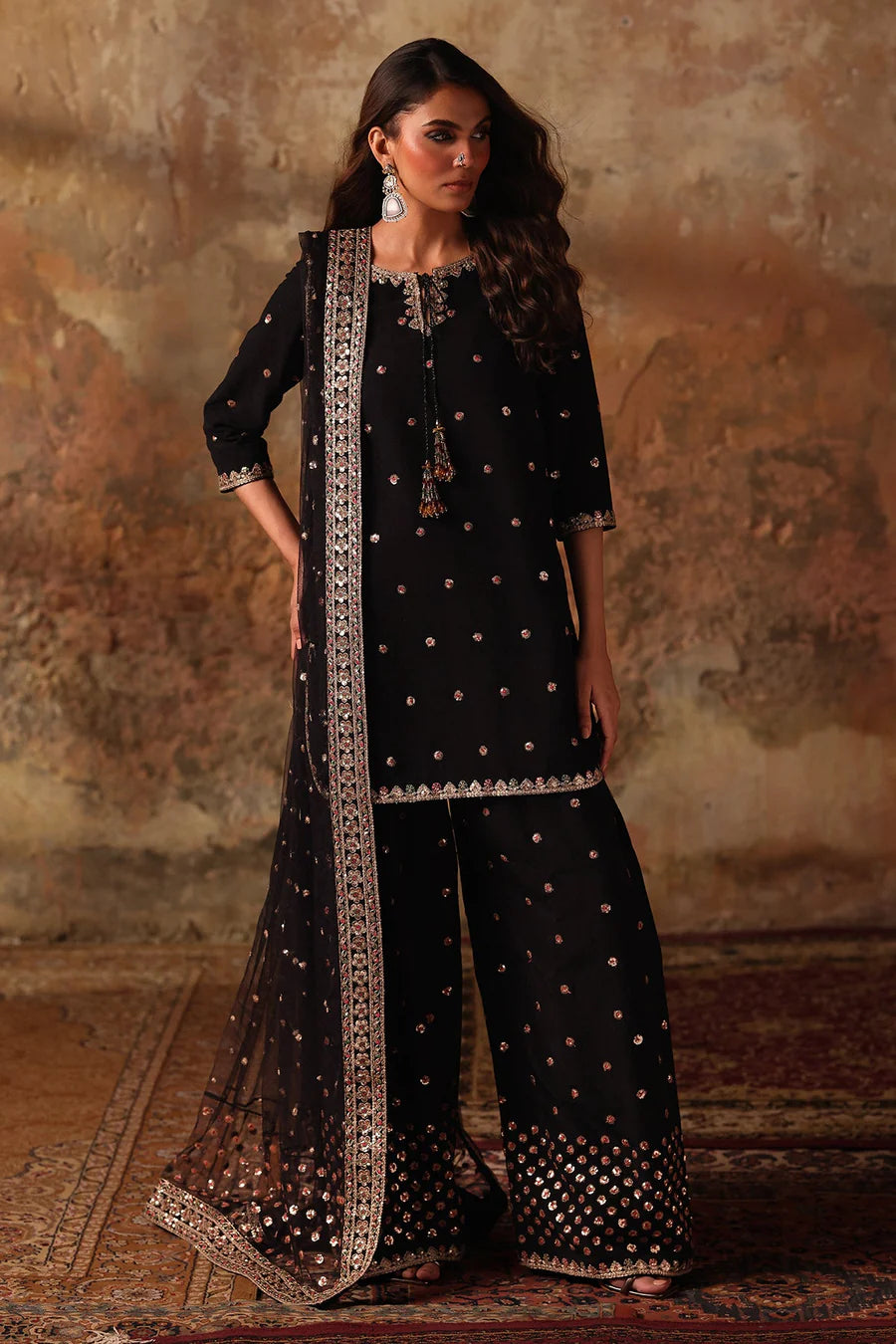 Raw Silk Stitched 3-Piece Farshi Set (CMA-5-078) – Black
