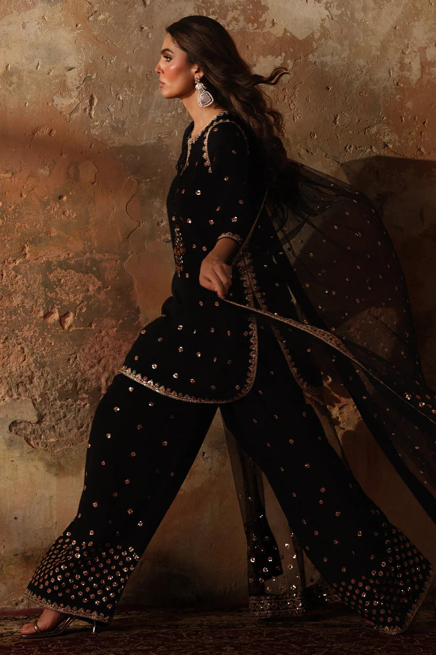 Raw Silk Stitched 3-Piece Farshi Set (CMA-5-078) – Black