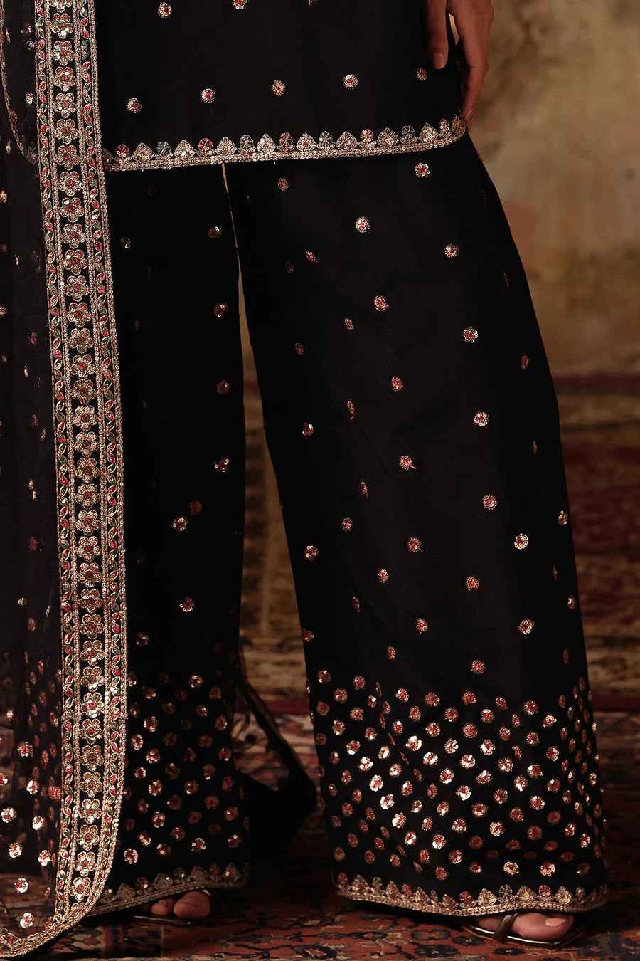 Raw Silk Stitched 3-Piece Farshi Set (CMA-5-078) – Black