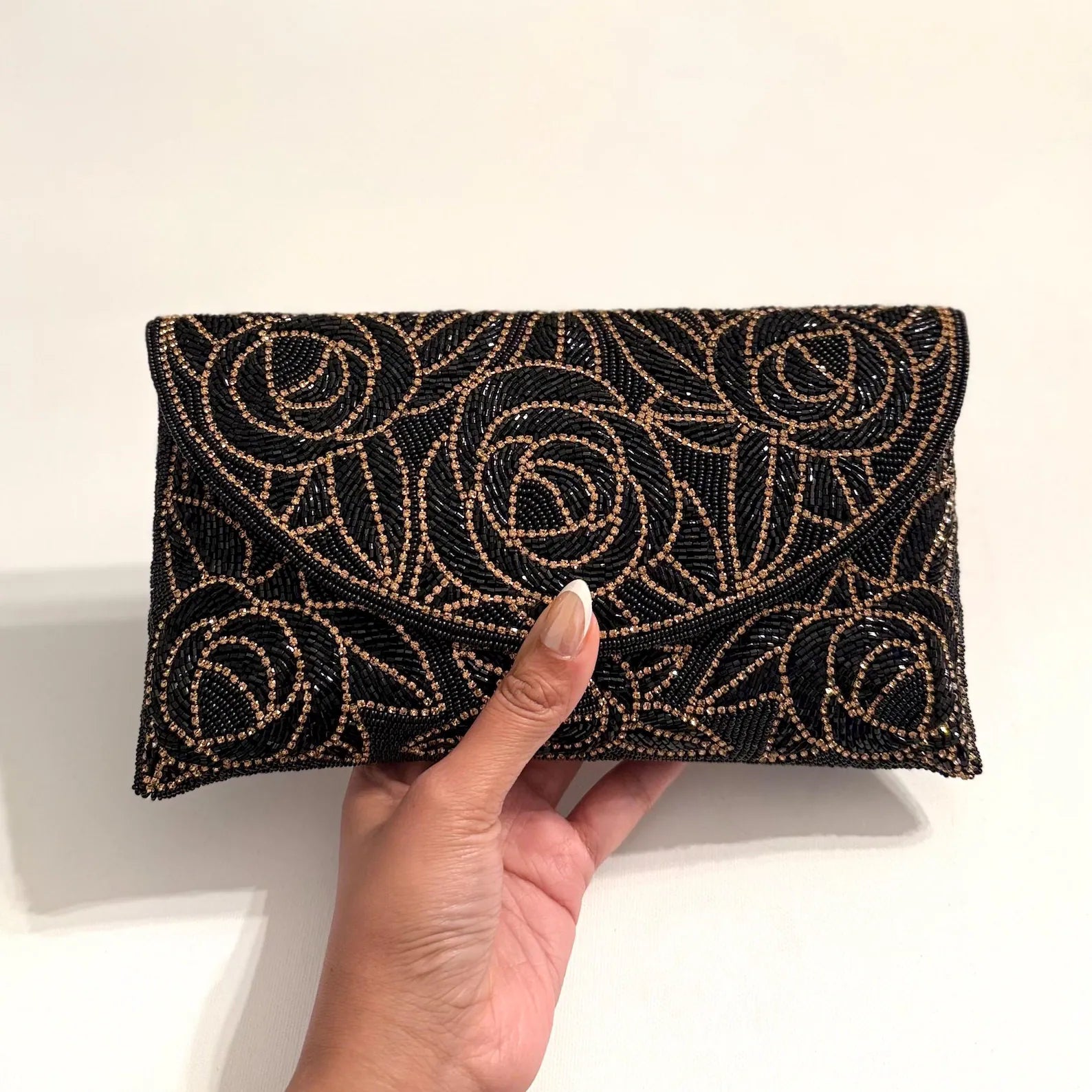 Handmade Beaded Bridal Clutch: Ivory/SIlver/Black Evening Purse