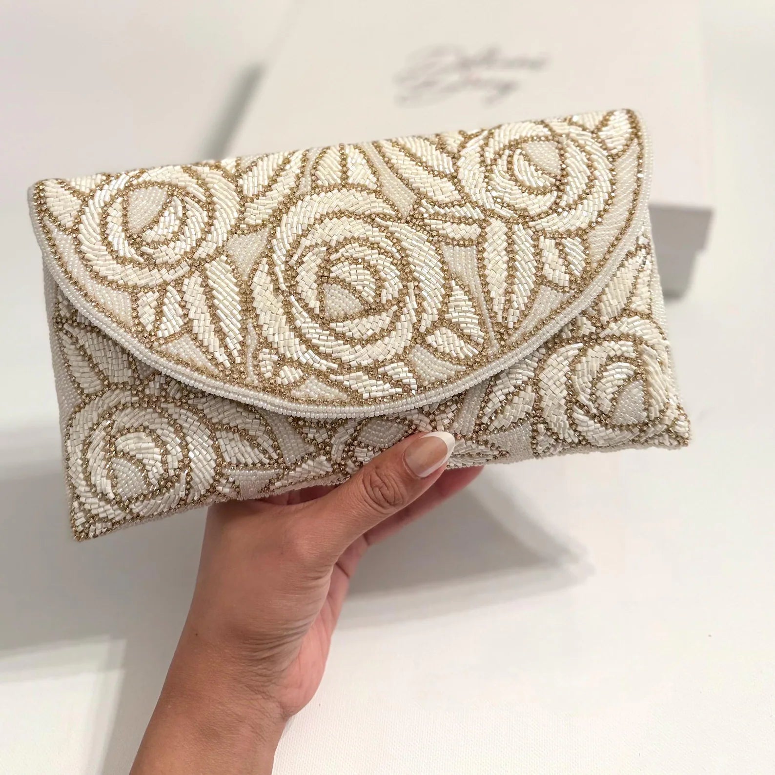 Handmade Beaded Bridal Clutch: Ivory/SIlver/Black Evening Purse