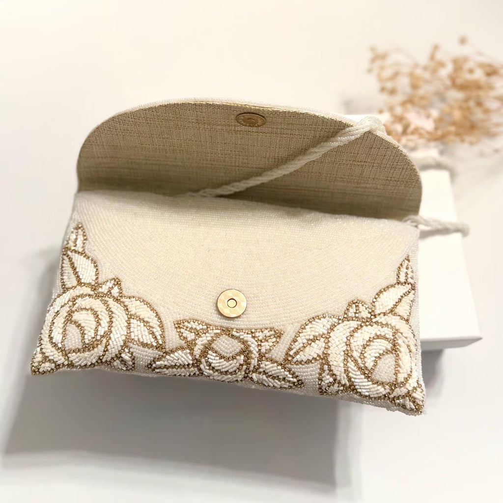 Handmade Beaded Bridal Clutch: Ivory/SIlver/Black Evening Purse