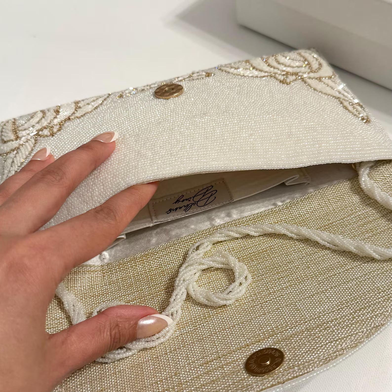 Handmade Beaded Bridal Clutch: Ivory/SIlver/Black Evening Purse