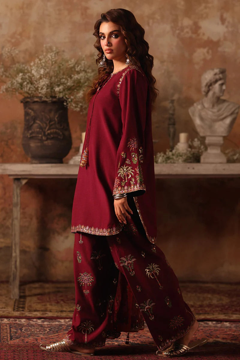 Raw Silk Stitched 3-Piece Farshi Set (CMA-5-068) – Maroon
