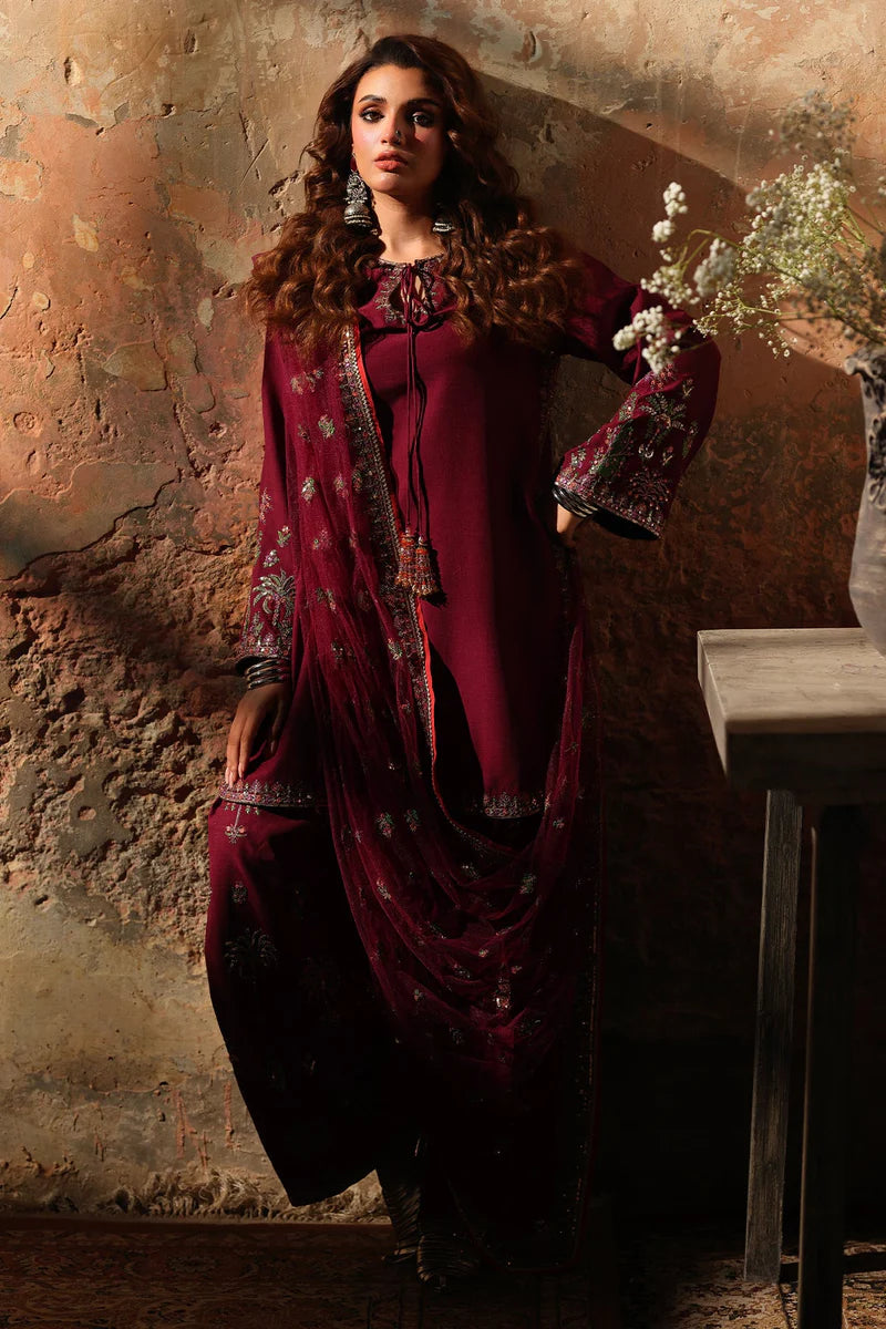 Raw Silk Stitched 3-Piece Farshi Set (CMA-5-068) – Maroon