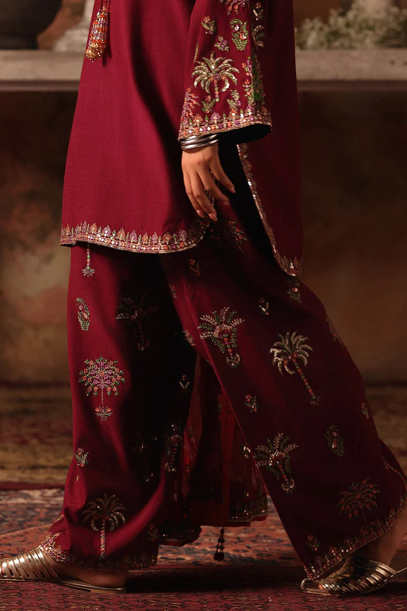 Raw Silk Stitched 3-Piece Farshi Set (CMA-5-068) – Maroon