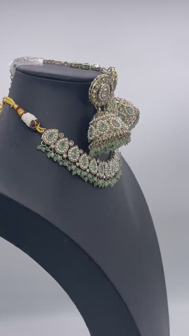 Simi Mint Polki Choker Necklace & Earing – Indian Kundan Statement Jewelry
