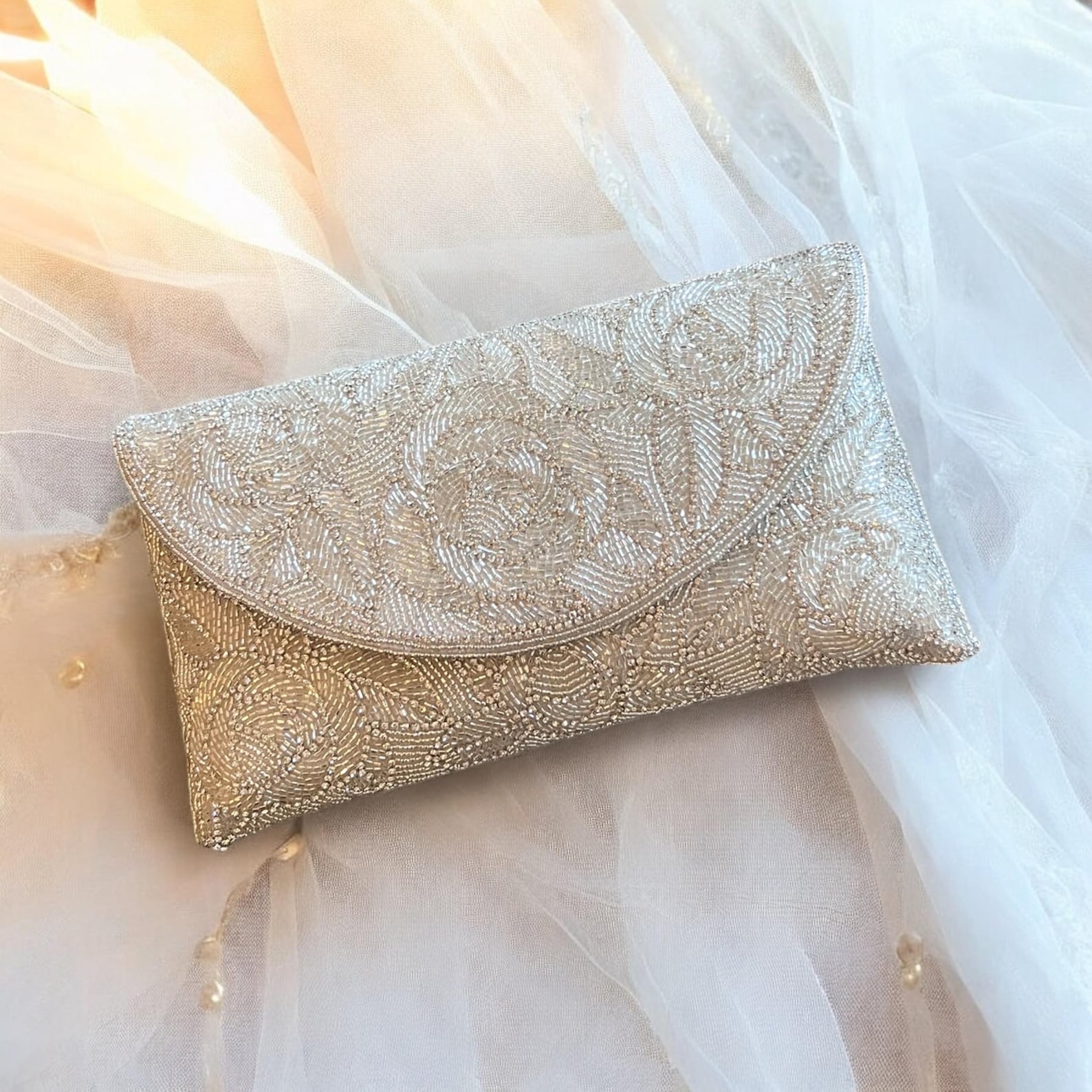 Handmade Beaded Bridal Clutch: Ivory/SIlver/Black Evening Purse